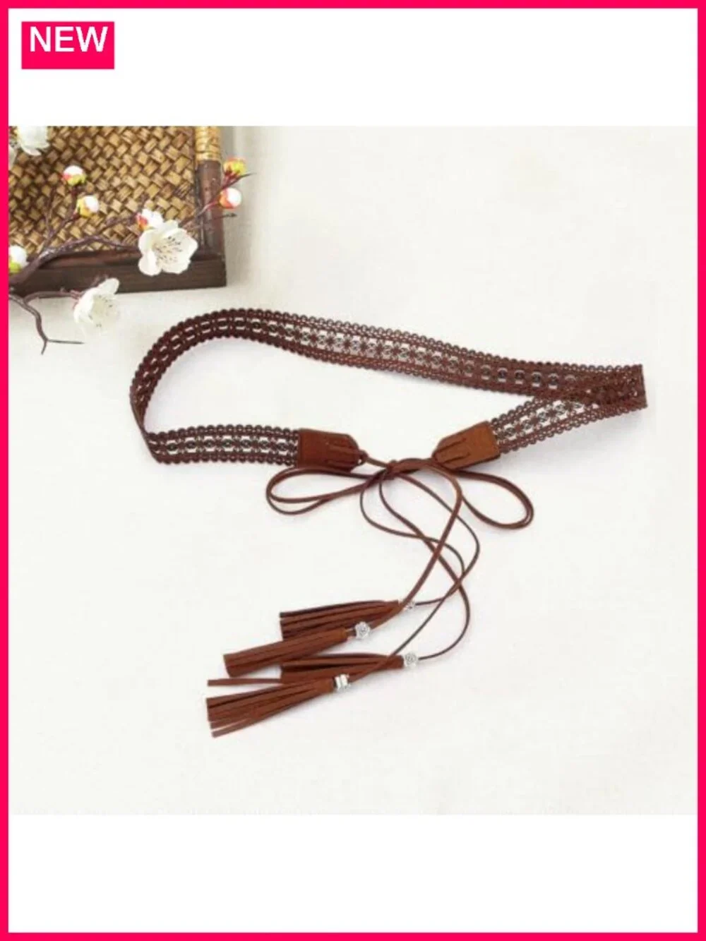 Boho Braided Tassel Belt - Vintage Hollow Floral Waistband with Wax Rope,